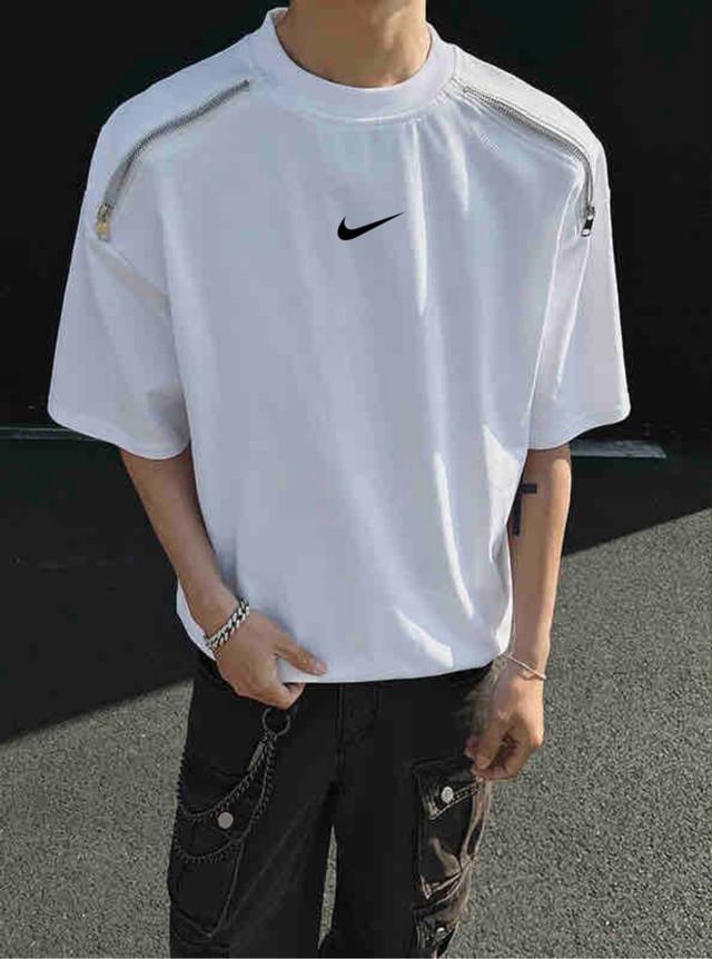 新款耐克Nike 插肩金属拉链装饰螺纹针织情侣同款宽松落肩短袖T恤 面料: 300G重磅纯棉新疆长绒棉 采用特定重磅32S精棉平纹针织面料，300克重；搭配32