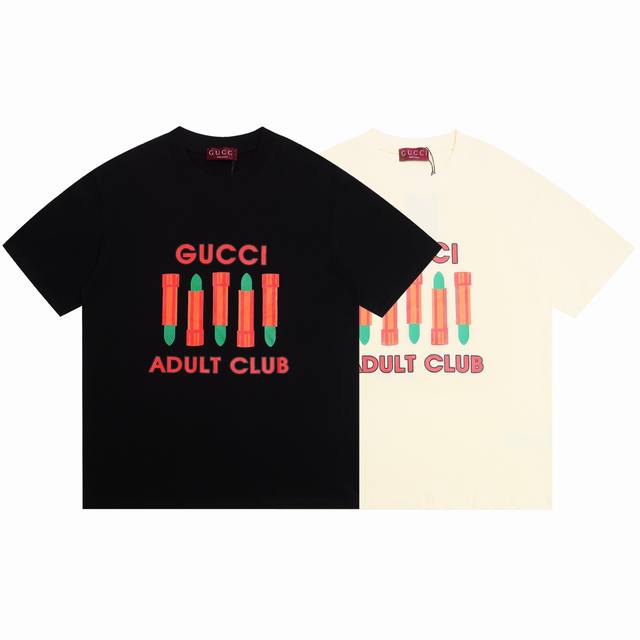 Gucci古驰2025Ss新款口红印花情侣休闲短袖T恤 最高版本！定制面料240克 %双纱全棉！进口胶浆印花工艺设计！ 辅料：开模原版过鉴定领标 %真丝洗水标。