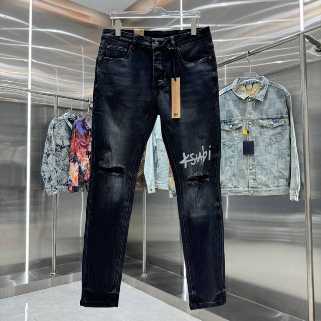 Ksubi 澳大利亚 破洞字母工艺街头潮流修身小脚弹力牛仔裤 颜色 黑色 码数 30 32 34 36 38