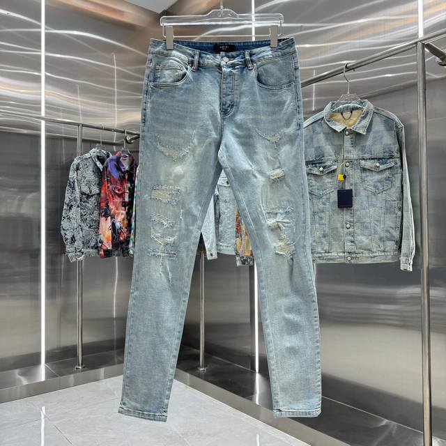 Amiri 破洞工艺街头潮流修身小脚弹力牛仔裤 颜色 蓝色 码数 30 32 34 36 38