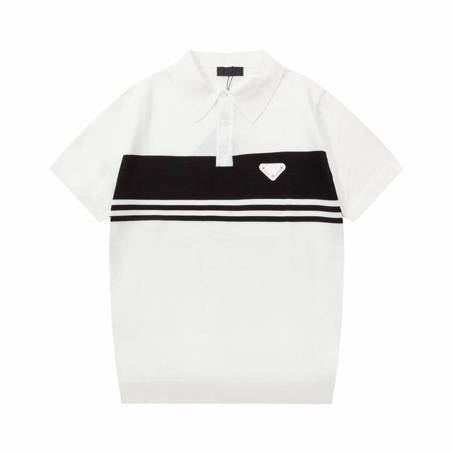 Prada 普拉达 拼色金属三角标 针织Polo衫 升级，灵感源自八十年代复古 原版面料 官方同款 Polo衫 定制 网纱毛衣针织面料 手感非常舒服 春夏最新砖