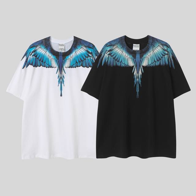 马塞洛布隆 春夏新款Marcelo Mb翅膀渐变蓝羽毛印花 纯棉短袖 码数：S M L Xl Xxl
