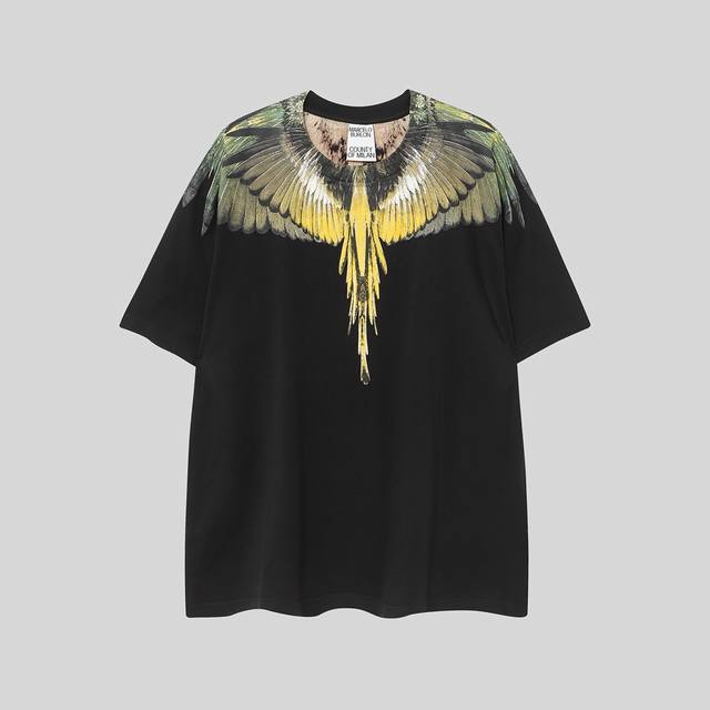 马塞洛布隆 Mb 新款宇宙最强版 黄黑渐变翅膀羽毛印花 码数：S M L Xl Xxl