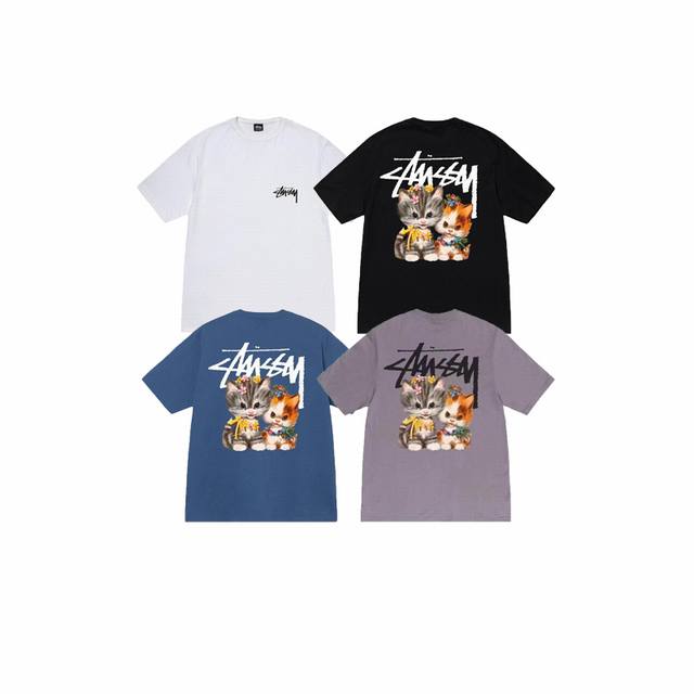 款号Xb # Stussy斯图西 Ss25猫咪印花短袖T恤男女同款 230克纯棉圆筒布版型 两侧面不带缝线 正确版本与正品相同。区别市场通货。 颜色：白色 黑色