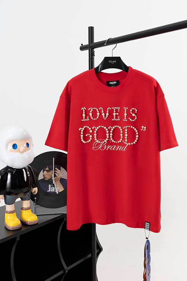 款号Gd01 Goodbrand 简约珍珠标语圆领短袖 24春夏T恤 320克纯棉双纱男女同款 颜色：藏青 码数：S M L Xl