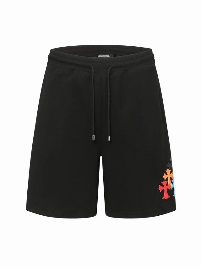 Chrome Hearts*克罗心刺绣彩色皮标短裤 手摇贴定制皮标梵文刺绣 口袋拉链设计 松紧腰＋抽绳裤腰设计 上身舒适 定制面料 宽松版型 颜色：黑色 码数：