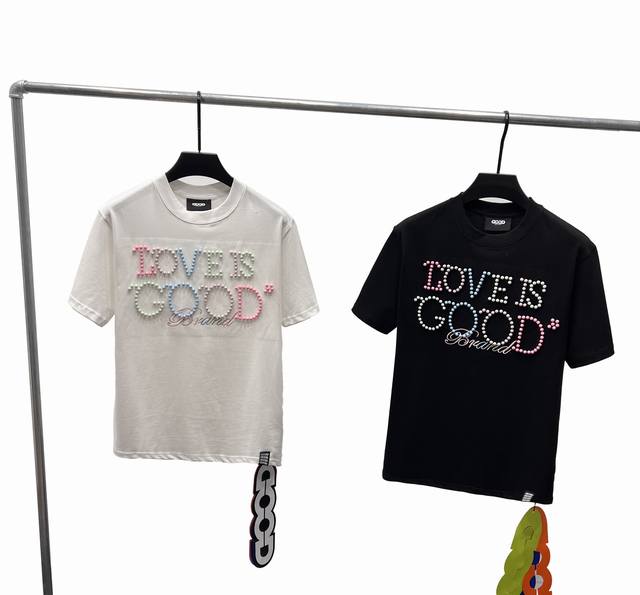 款H01 Good 市场顶级版本320G高品质 Goodbrand新款彩虹珍珠柳丁纽扣绣花短袖T恤 全身几百颗彩虹珍珠 重工制作 后背还有装饰扣 全部定制原版一