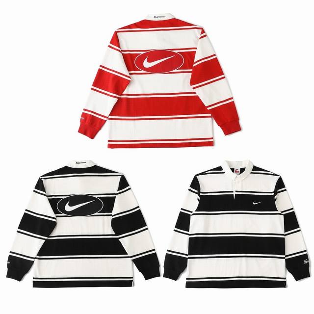 1103 白底图 原版复刻 Supreme X Nike 联名款 Nike联名系列 Ss25 Stripe Rugby Logo条纹舒适长袖Polo衫 男女同款