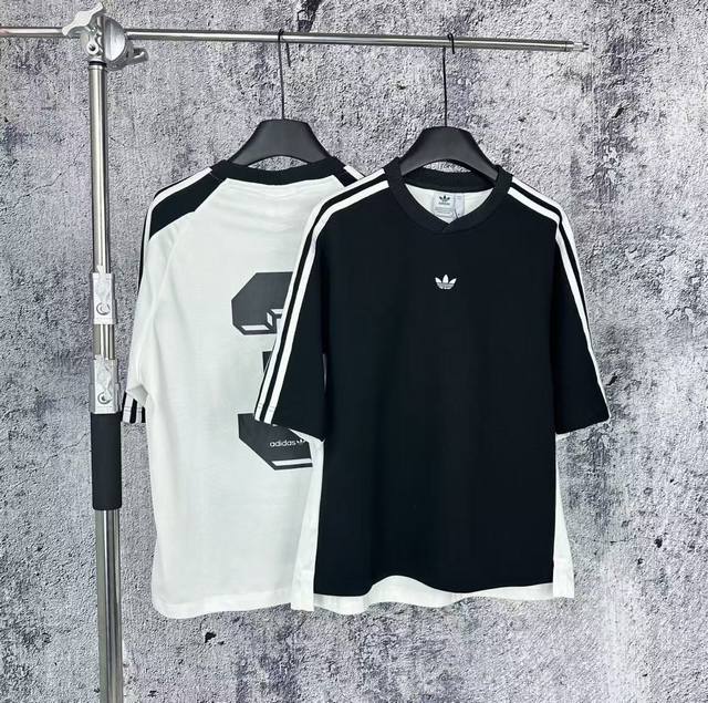 挂拍 Adidas 25Ss 三叶草刺绣拼接短袖 绣花，三标一致黑色曼巴棉260克插白色珠地200克 专柜同款上市，本季主打，做工精细无线头,休闲运动必备 尺码