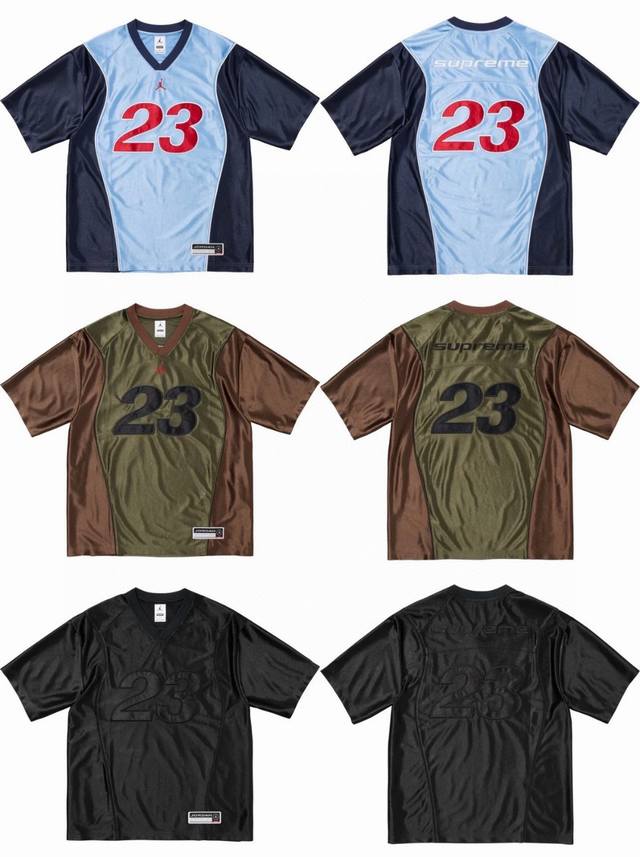 1063 衣服 白底图 Supreme X Aj Jordan 联名款 Fw24 Week7 Warm Up Jersey 胸前Logo撞色短袖足球衣 篮球短裤