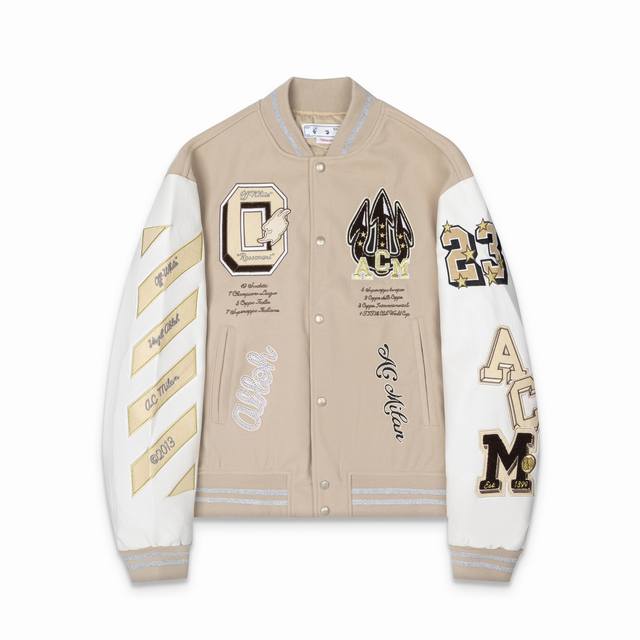 C36# ，Ac米兰X Offwhite联名徽标标签棒球服外套，背面为饰有 Off-White 徽标的米兰恶魔图案，整件衣服重工刺绣结合烫钻工艺，侧面为两只贴袋