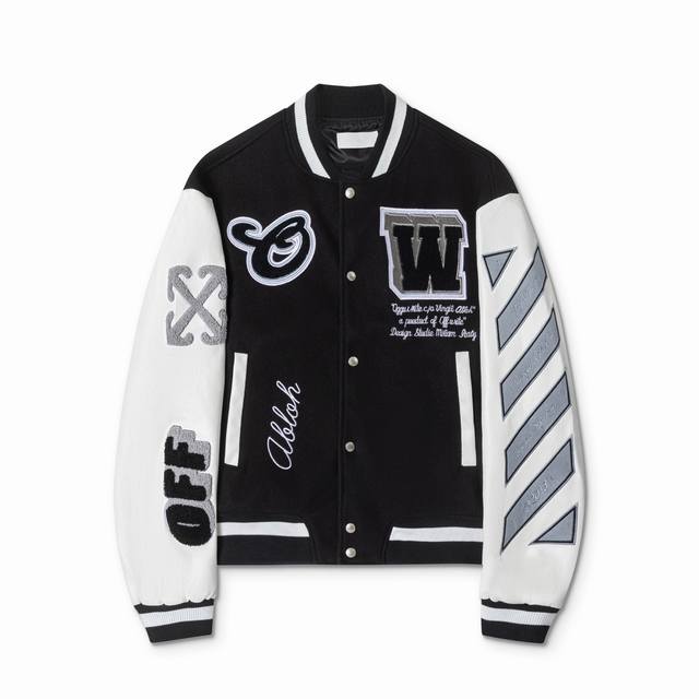 S26# ，Off White 秋冬新款重工刺绣拼皮棒球服夹克情侣款 颜色黑色 尺码：S M L Xl