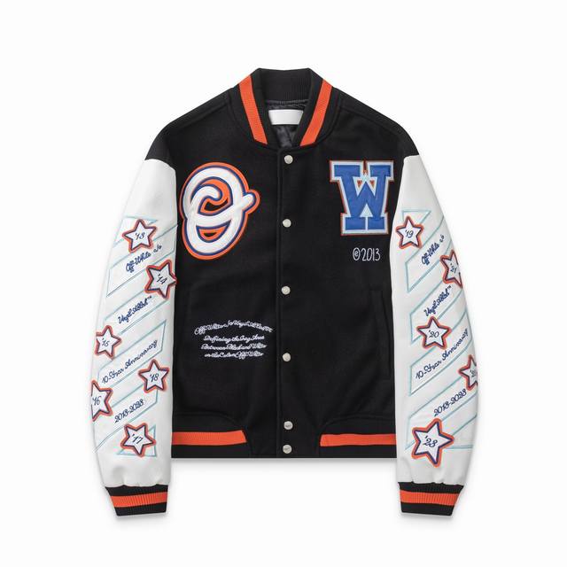 S38# ，Offwhite24Ss重工刺绣拼皮棒球服 大身采用羊毛呢面料情侣款外套 米色尺码：S M L Xl