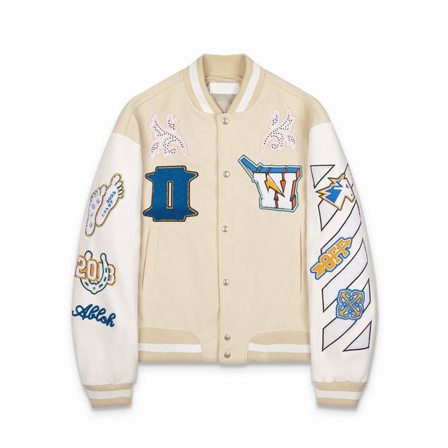 S30# ，Off White 秋冬新款重工刺绣拼皮棒球服夹克情侣款 颜色米色 尺码：S M L Xl