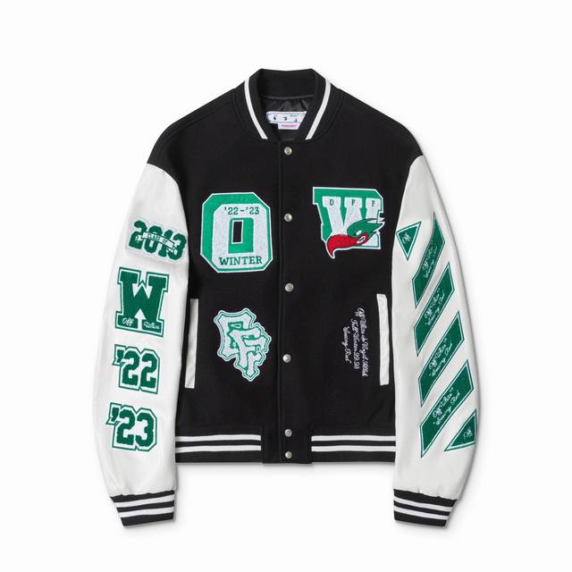 S27# ，Off White 秋冬新款重工刺绣拼皮棒球服夹克情侣款 颜色黑色 尺码：S M L Xl
