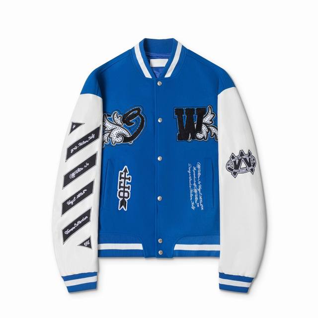 S31# ，Off White 秋冬新款重工刺绣烫钻拼皮棒球服夹克情侣款 颜色蓝色 尺码：S M L Xl