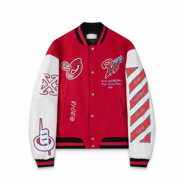 S32# ，Offwhite24Ss重工刺绣拼皮棒球服 大身采用羊毛呢面料情侣款外套 黑色尺码：S M L Xl
