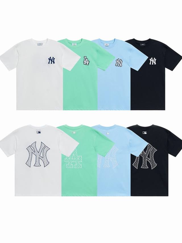 Mlb 大Logo刺绣印花开叉纯绵情侣短袖 款号：Dw605 面料：240克双纱纯棉 颜色 : 黑色 米白 浅蓝 薄荷绿 尺码：S M L Xl Xxl