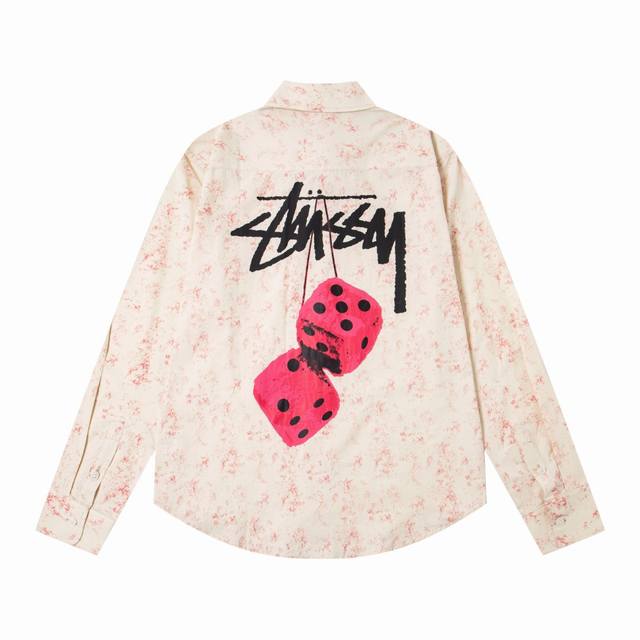5098# Stussy 斯图西骰子系列 Fuzzy Dice Tee 图案印花美式复古翻领扎染长袖衬衫 25夏季新款男女同款 颜色：红色 蓝色 码数：S M