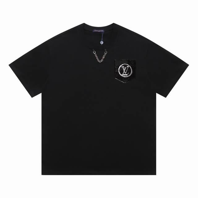 Y030 高版本正确版本 Lv 驴家25Ss新款重工珠片绣链条Logo字母短袖 高品质 重工艺 面料- 采用270克双股精梳棉面料.索罗纳螺纹订织订染国标一级面