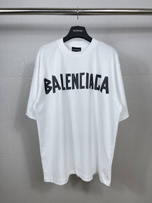 实拍图 顶级版本.官网品质 Balenci*Ga 巴黎.23Ss最新经典款.胶带拉浆印花.成衣水洗磨烂做旧短袖T恤.砖柜同步.面料采用巴黎Zp定织定染全棉双纱紧