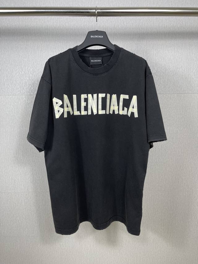 实拍图 顶级版本.官网品质 Balenci*Ga 巴黎.23Ss最新经典款.胶带拉浆印花.成衣水洗磨烂做旧短袖T恤.砖柜同步.面料采用巴黎Zp定织定染全棉双纱紧