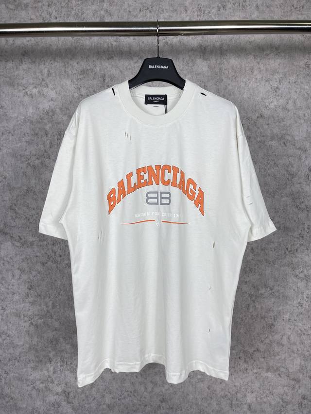 实拍图 顶级版本.官网品质 Balenci*Ga 巴黎.Bb剪刀Logo印花成衣水洗做旧短袖T恤.砖柜同步.面料采用巴黎Zp定织定染全棉双纱紧密棉.克重260克
