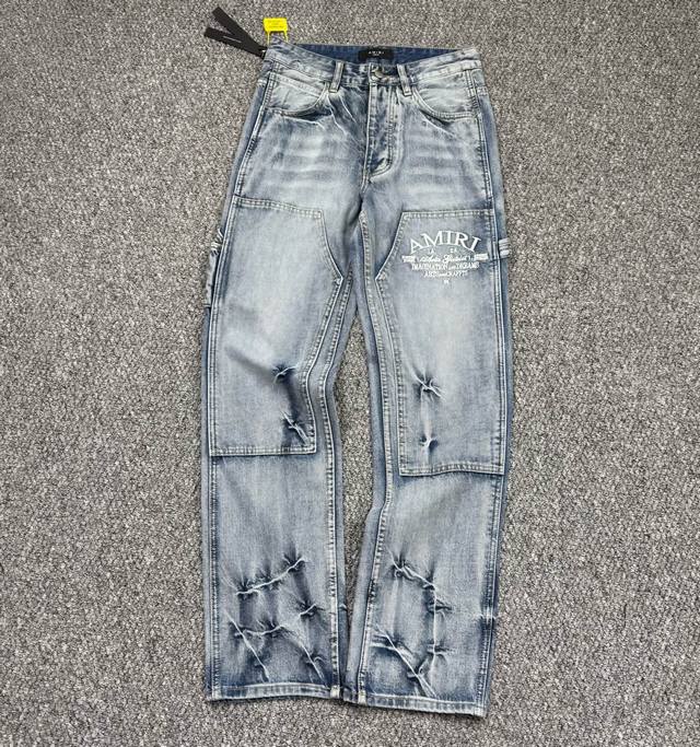 款号：H842 Amiri & 阿米日 2025新款重工刺绣字母伐木裤情侣款水洗牛仔裤 顶级天花板品质 不同水洗质感的款式，对腿细腿粗人士十分友好，直筒修身的版