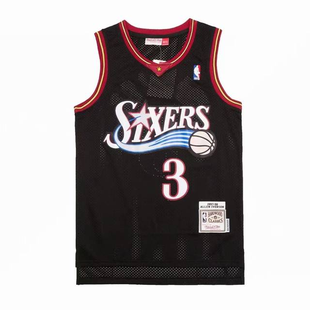 顶级刺绣版本 款号:S 白底细节图 Mitchell&Mess Nba Swingman 76人阿伦 艾弗森3号复古球衣 全身采用刺绣 队名、球员号码、球员名字