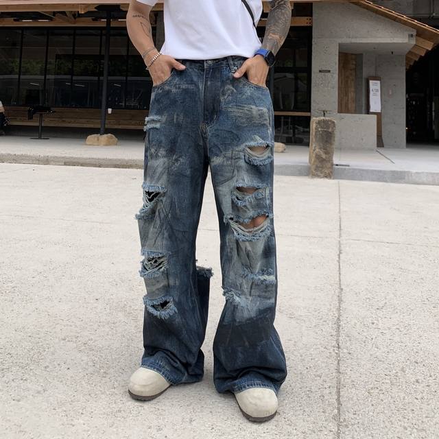 新款潮牌宽松直筒松紧怀旧蓝色水洗牛仔裤