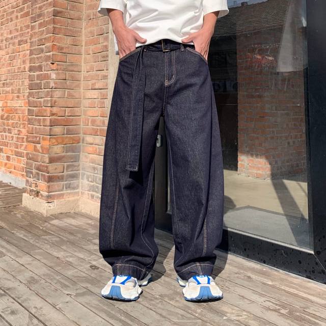 新款潮牌宽松直筒深蓝色水洗牛仔裤