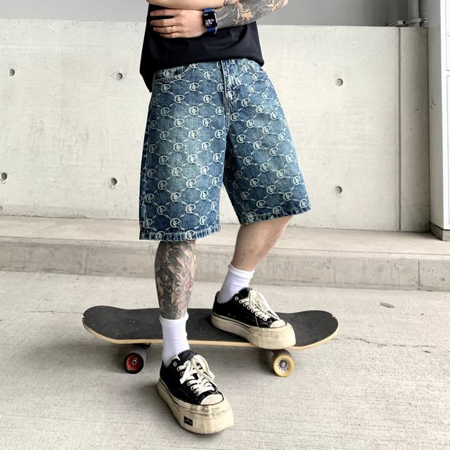 美式水洗印花男士短裤蓝色牛仔裤男装