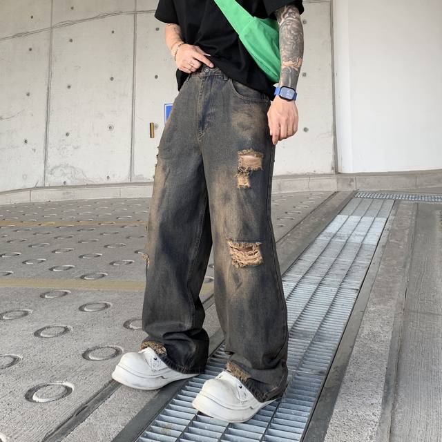 新款潮牌宽松直筒松紧怀旧黑色水洗牛仔裤