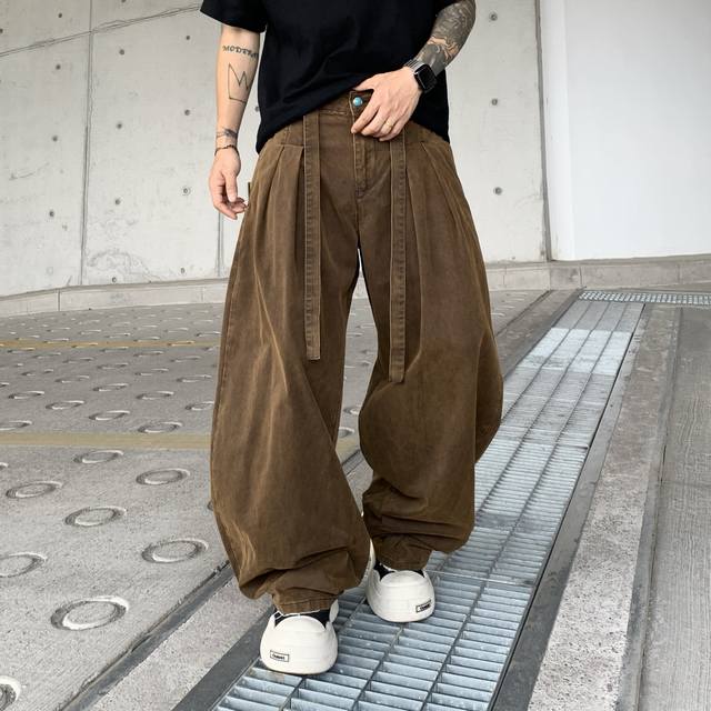 新款潮牌宽松直筒咖啡色水洗牛仔裤弯刀裤