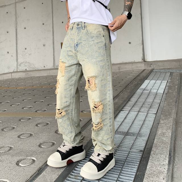 水洗破洞牛仔美式裤潮男宽松直筒男时尚牛仔长裤