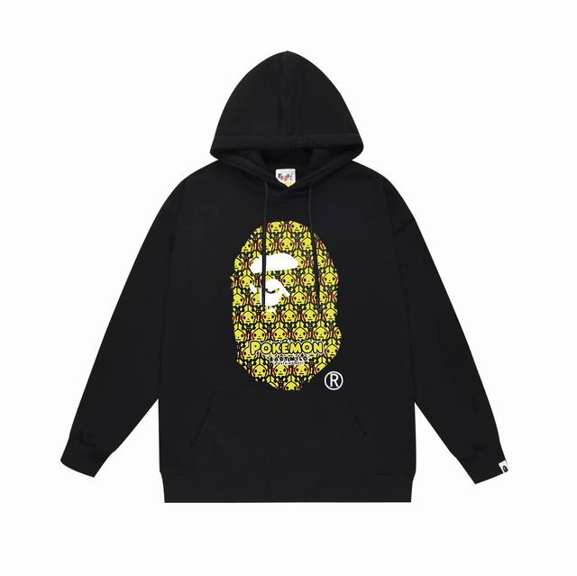 款号Sc620#毛圈 加绒 顶级版本 Bape PokéMon 比卡丘可梦联名猿人头印花连帽卫衣 采用380克大毛圈430克银狐绒 落肩大版型 面料 质感柔软不