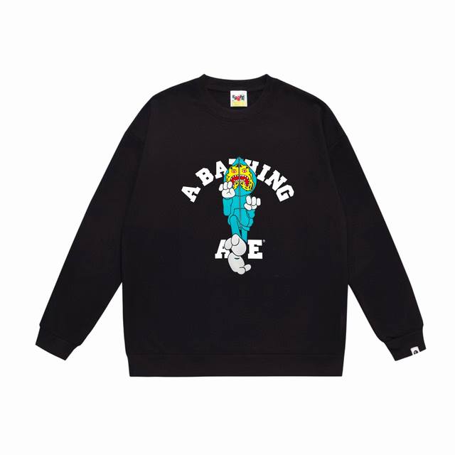 款号Sc556#毛圈 加绒90 顶级版本 Bape Tiger Milo College Tee老虎鲨鱼人功夫印花图案圆领卫衣 采用350克大毛圈 落肩大版型