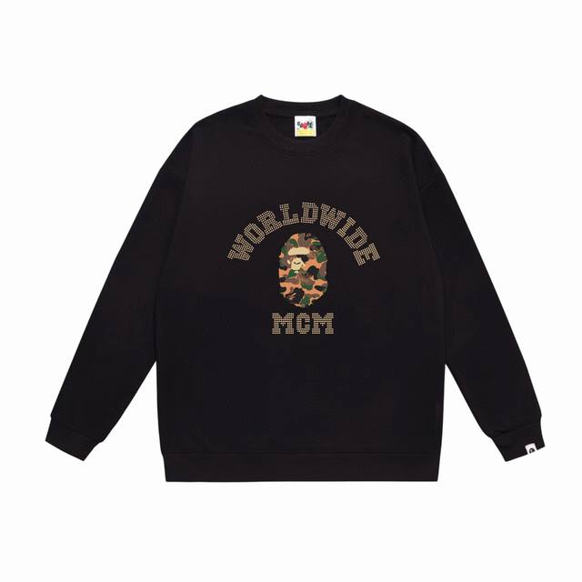 款号Sc540#毛圈 加绒90 顶级版本 Bape×Mcm Rhinestone Collegea联名系列猿人头字母印花图案圆领卫衣 采用350克大毛圈 落肩大