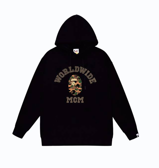 款号Sc840#毛圈 加绒110 顶级版本 Bape×Mcm Rhinestone Collegea联名系列猿人头字母印花图案连帽卫衣 采用380克大毛圈 落肩