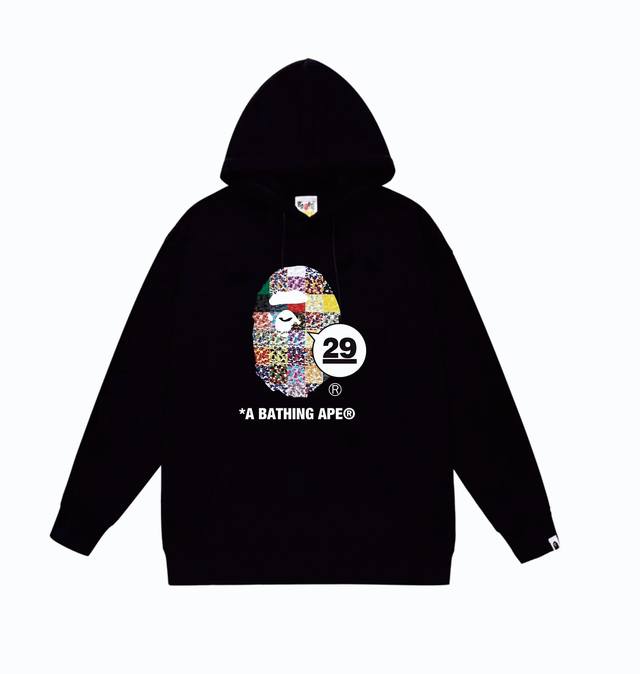 款号Sc827#毛圈 加绒110 顶级版本 Bape 29Th Anniversary Ape Head Tee数字印花图案连帽卫衣 采用380克大毛圈 落肩大