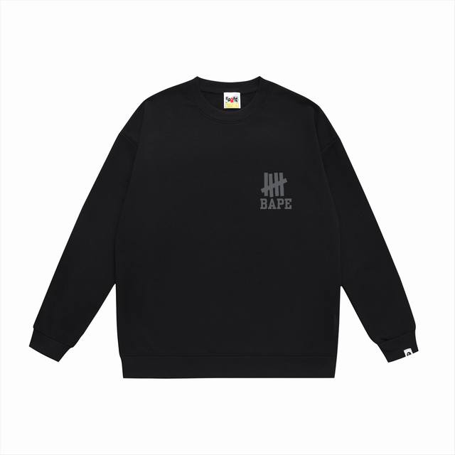 款号Sc470#毛圈 加绒90 顶级版本 Bape 联名五道杠猿人字母印花圆领卫衣 采用350克大毛圈 落肩大版型 面料 质感柔软不起球 进口环保印花胶浆 图案