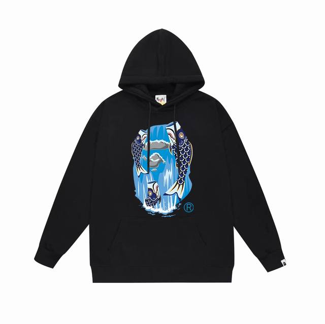 款号Sc700#毛圈 加绒 顶级版本 Bape 鲤鱼旗瀑布猿人头印花图案连帽卫衣 采用380克大毛圈430克银狐绒 落肩大版型 面料 质感柔软不起球 进口环保印