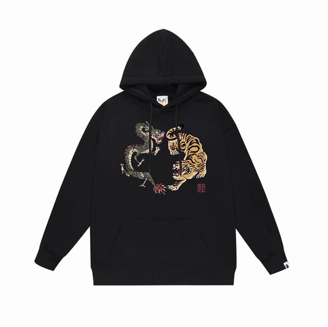 款号Sc698#毛圈 加绒 顶级版本 Bape 日系龙虎印花图案连帽卫衣 采用380克大毛圈430克银狐绒 落肩大版型 面料 质感柔软不起球 进口环保印花胶浆