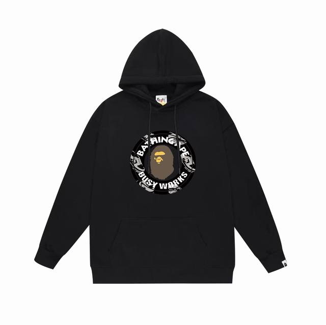 款号Sc673#毛圈 加绒 顶级版本 Bape Busy Works猿人头圆章印花连帽卫衣 采用380克大毛圈430克银狐绒 落肩大版型 面料 质感柔软不起球