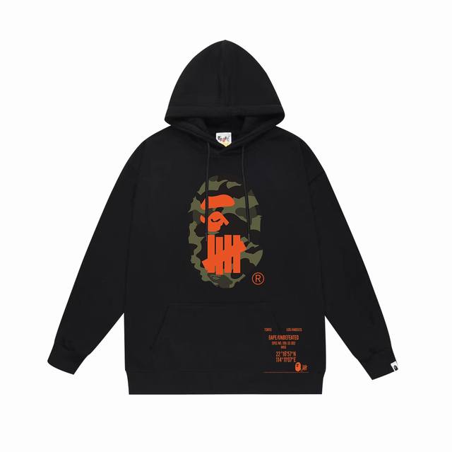 款号Sc662#毛圈 加绒 顶级版本 Bape 联名Undefeated不败五道杠猿人头印花连帽卫衣 采用380克大毛圈430克银狐绒 落肩大版型 面料 质感柔