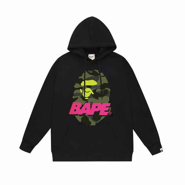 款号Sc624#毛圈 加绒 顶级版本 Bape迷彩猿人头图案撞色字母印花连帽卫衣 采用380克大毛圈430克银狐绒 落肩大版型 面料 质感柔软不起球 进口环保印