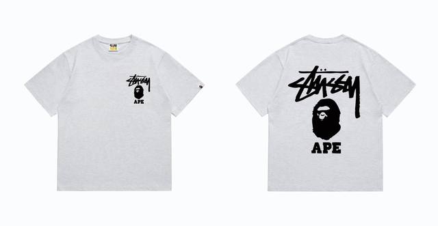 Sc202# 顶级版本 Bape×Stussy 联名斯图西字母猿人印花T恤 采用260克优质高织纯棉面料 双纱精梳 质感柔软不起球 进口环保印花胶浆 图案鲜明立