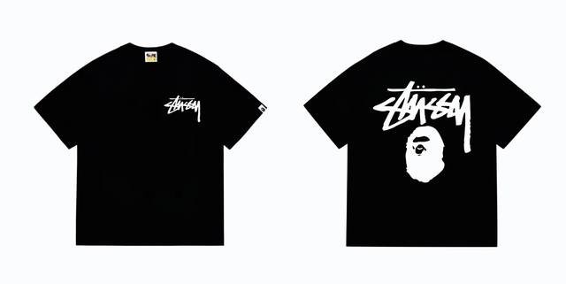 Sc201# 顶级版本 Bape×Stussy 联名斯图西字母猿人印花T恤 采用260克优质高织纯棉面料 双纱精梳 质感柔软不起球 进口环保印花胶浆 图案鲜明立