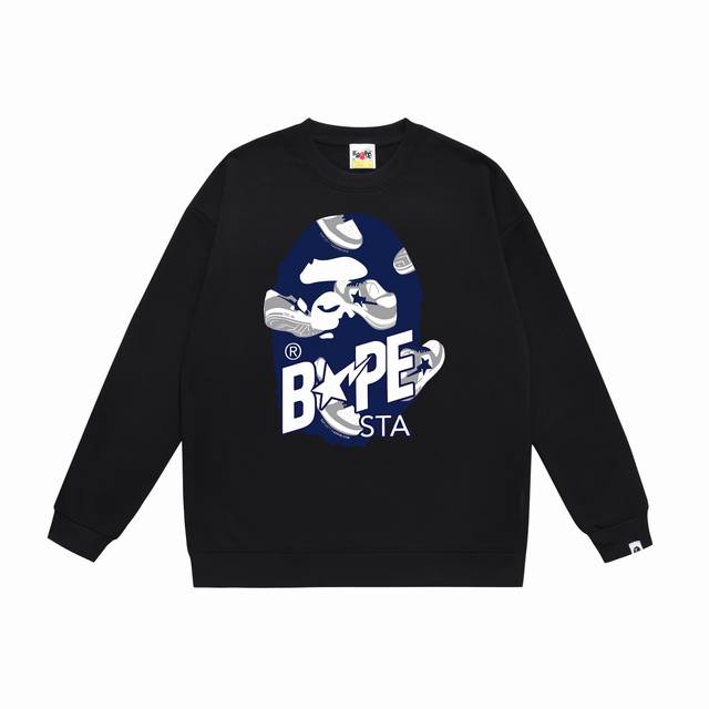 款号Sc411#毛圈 加绒90 顶级版本 Bape猿人头字母印花Sta休闲鞋图案印花圆领卫衣 采用350克大毛圈 落肩大版型 面料 质感柔软不起球 进口环保印花