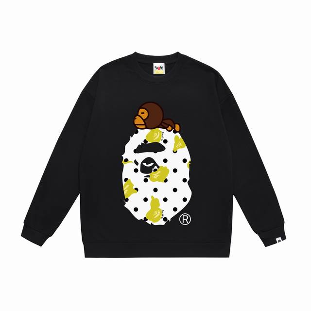 款号Sc381#毛圈 加绒90 顶级版本 Bape 猿人头波点图案Baby Milo字母印花圆领卫衣 采用350克大毛圈 落肩大版型 面料 质感柔软不起球 进口